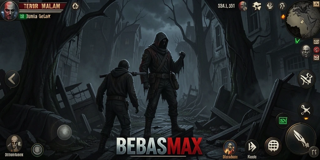 Tampilan gameplay menegangkan dari BEBASMAX dalam suasana kelam.