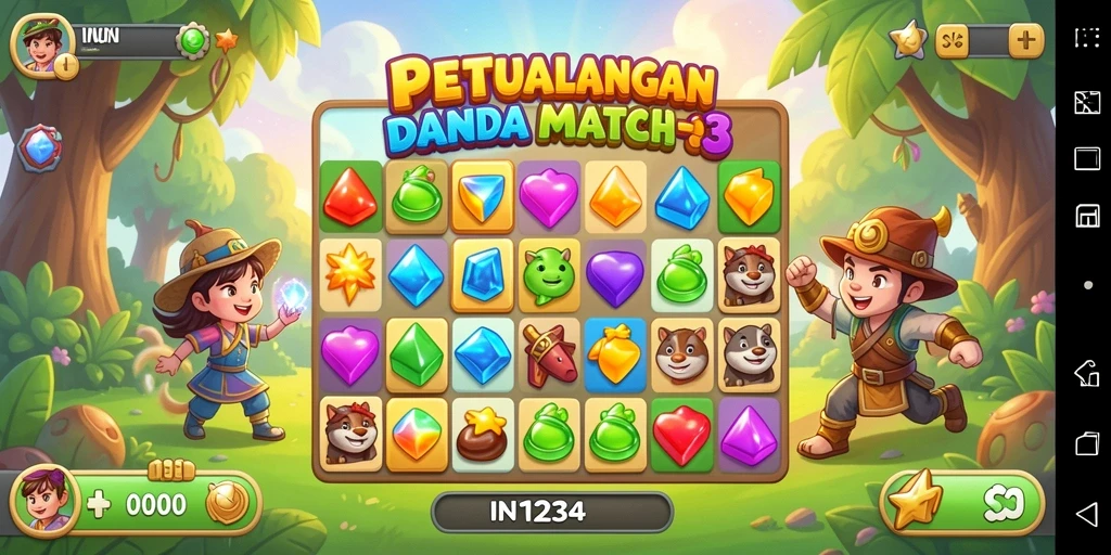 Tampilan gameplay seru di IN1234 dengan permata berwarna-warni.
