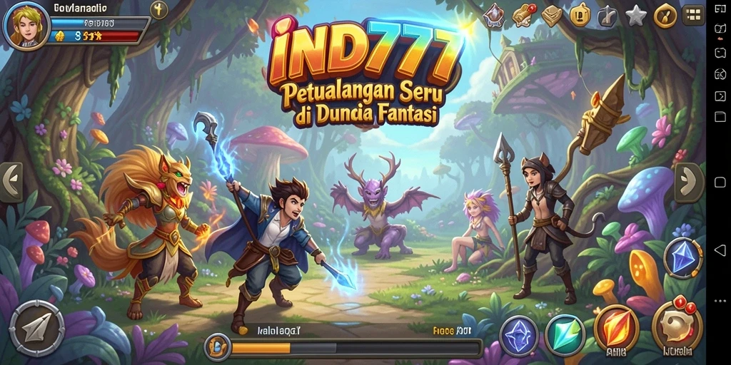 Screenshot utama IND777 menampilkan karakter petualang dalam aksi berani di dunia fantasi.