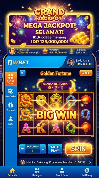 Tampilan utama aplikasi 11wbet dengan antarmuka yang menarik dan mudah digunakan.
